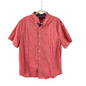 Nautica Men's Coral Short Sleeve Stretch Button-Down Shirt XL Anchor Pattern
